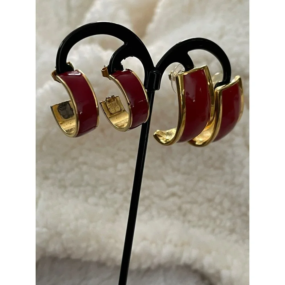 Vintage Avon Gold Tone Red Enamel Semi-Hoop Earrings - 2 Pairs - Picture 4 of 12